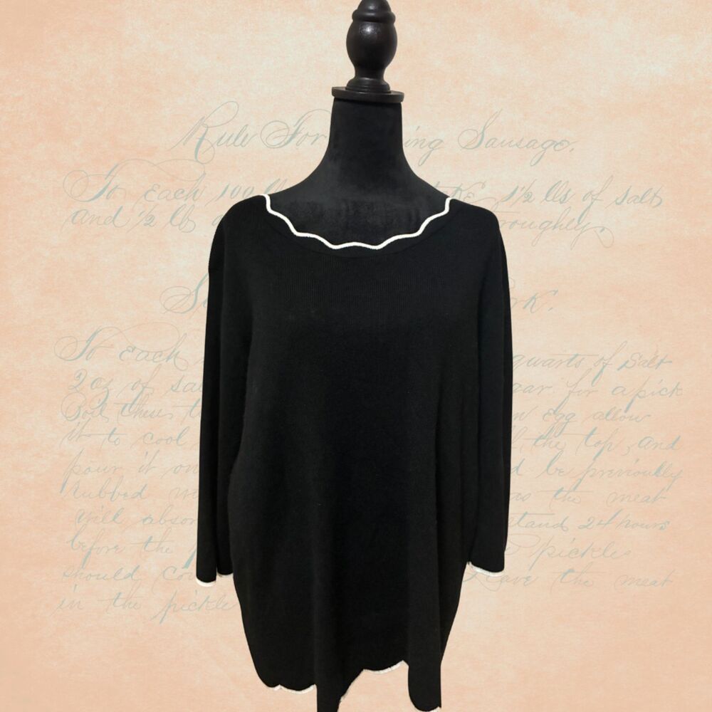 Cable & Gauge Sweater 3/4 Sleeve Black with White Scalloped Trim Women's Size 1X